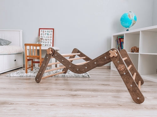 Brown Panda rock with slide, Pikler Triangle